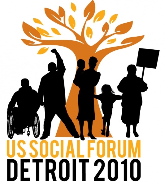 US Social Forum 2010 logo showing parents, children, person in a wheelchair in front of a tree