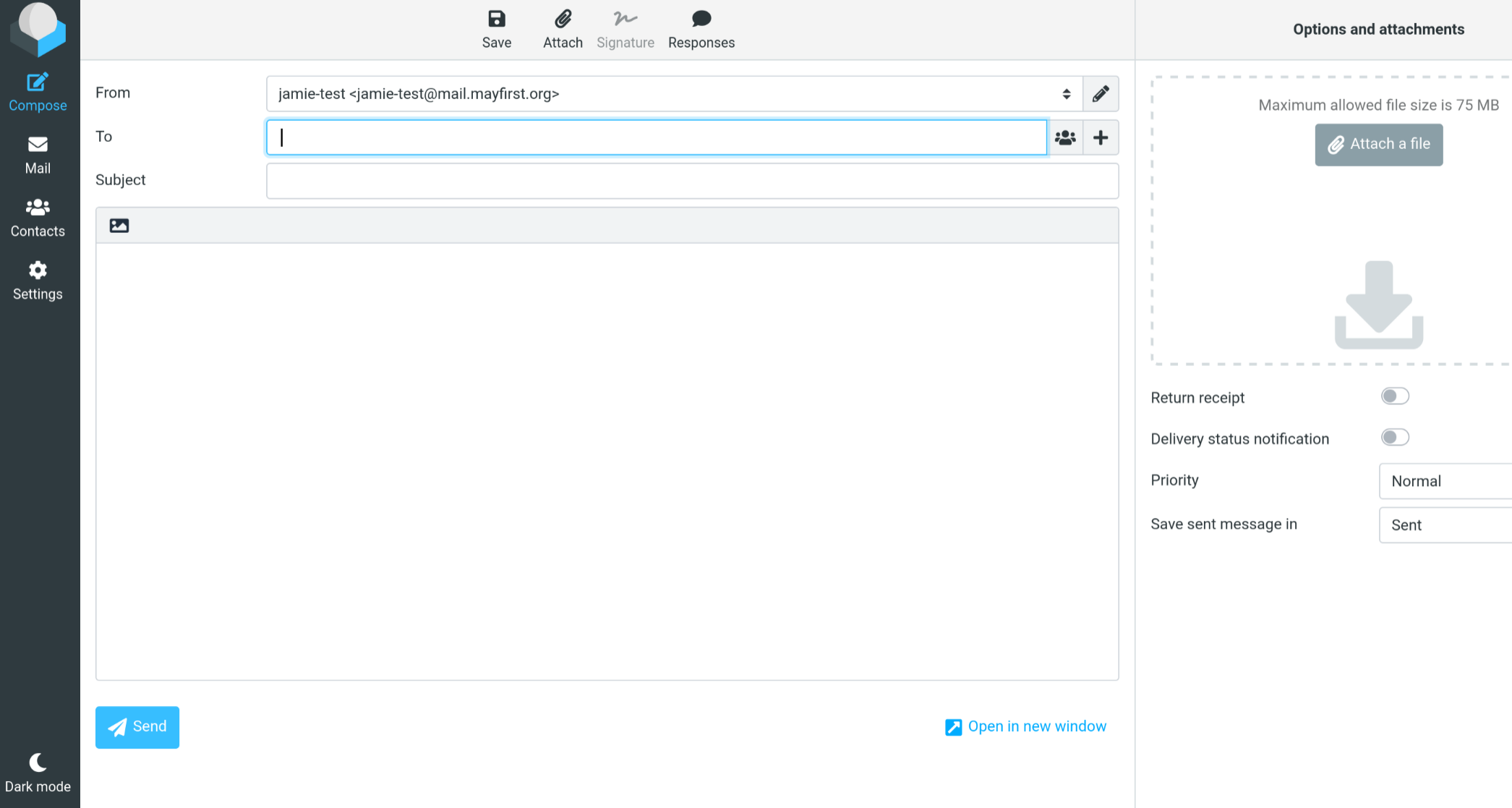 Screen shot of email compose screen showing From, To, Subject and body