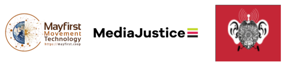 May First, Media Justice and Stop LAPD Spying logos